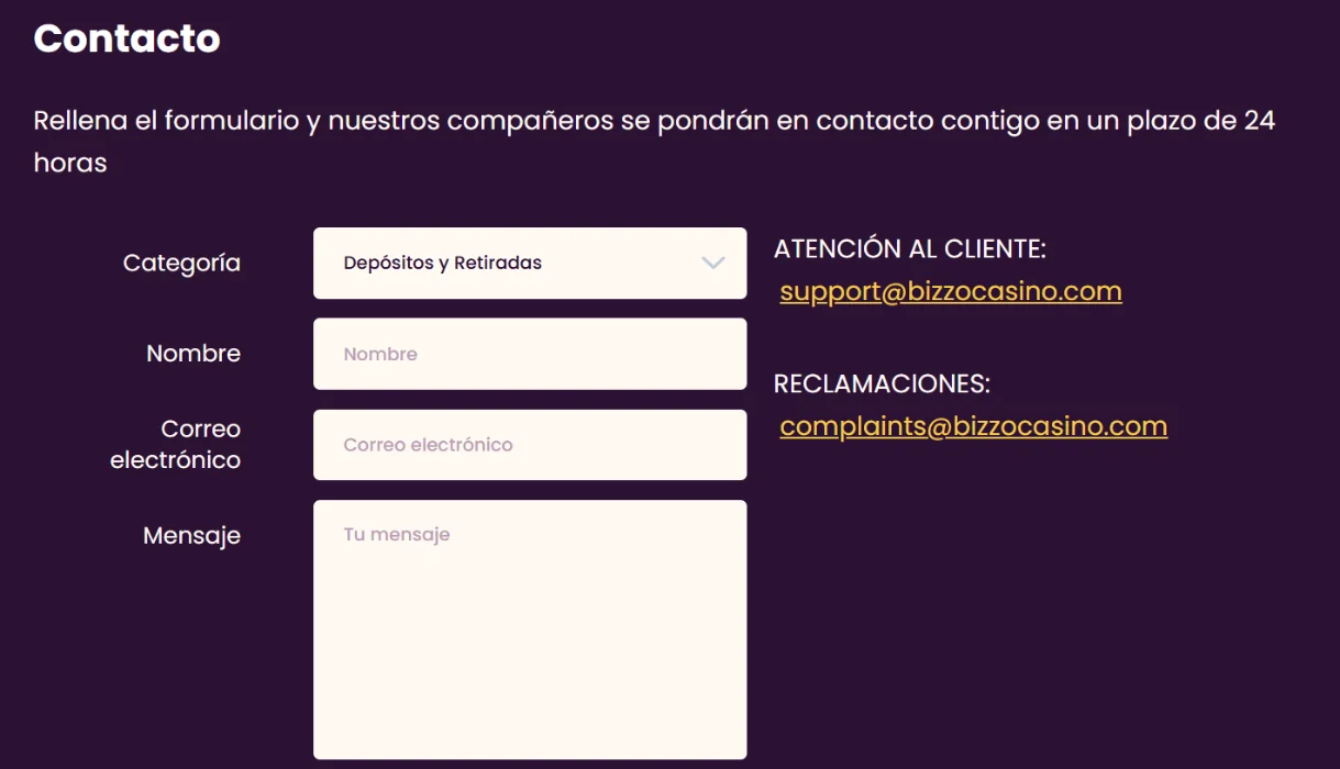 Atención al cliente en Bizzo Casino